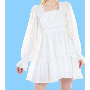 Beulah Style Square Neck A-Line Tiered Mini Dress White Size Large NWT